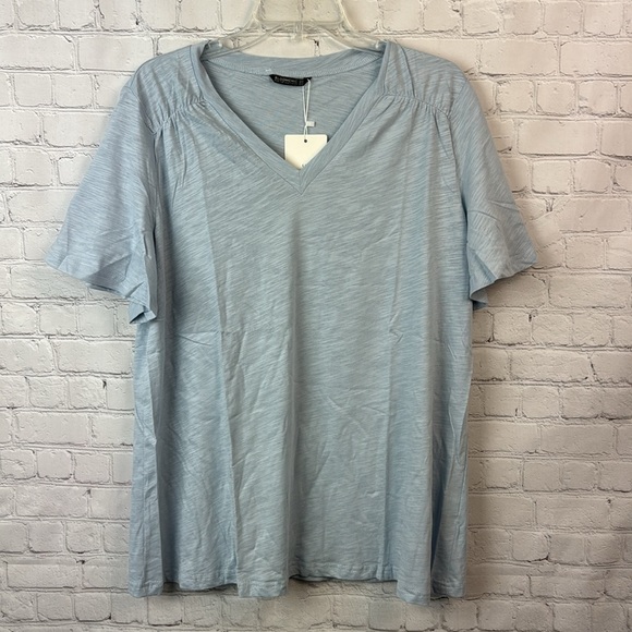 BloomChic Blue Heather Ruffle Sleeve V Neck T-Shirt Size Large - Picture 2 of 6